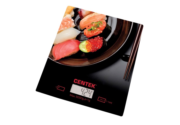 Весы кухонные Centek (Суши)  электронные, стеклянные, max 5кг, шаг 1г, шелкография, LCD
